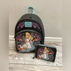 NWT Loungefly Alice in wonderland winter drawing backpack and wallet